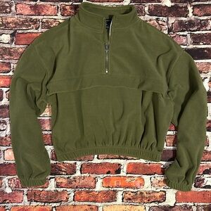 Cropped Olive Quarter-Zip Fleece Sweatshirt Size Small